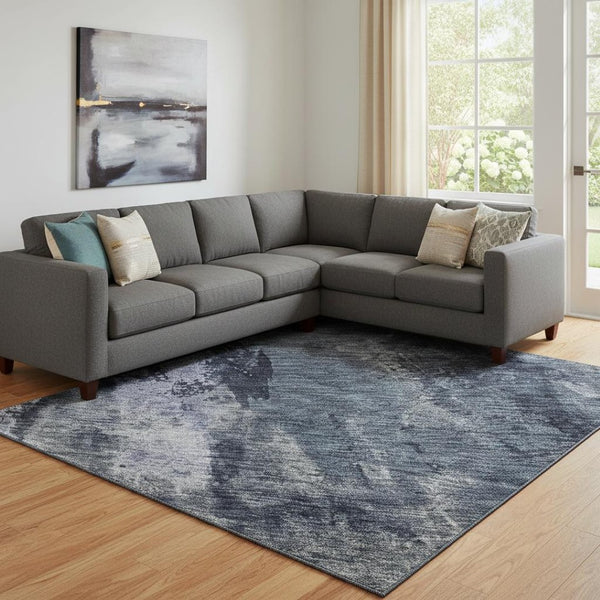 HomeRoots 10' X 14' Navy Blue And Silver Abstract Washable Area Rug – Stain Resistant, UV Protected, Modern Design 683734