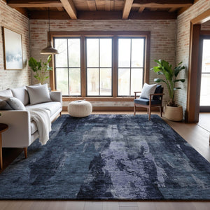HomeRoots 10' X 14' Navy Blue And Silver Abstract Washable Area Rug – Stain Resistant, UV Protected, Modern Design 683734