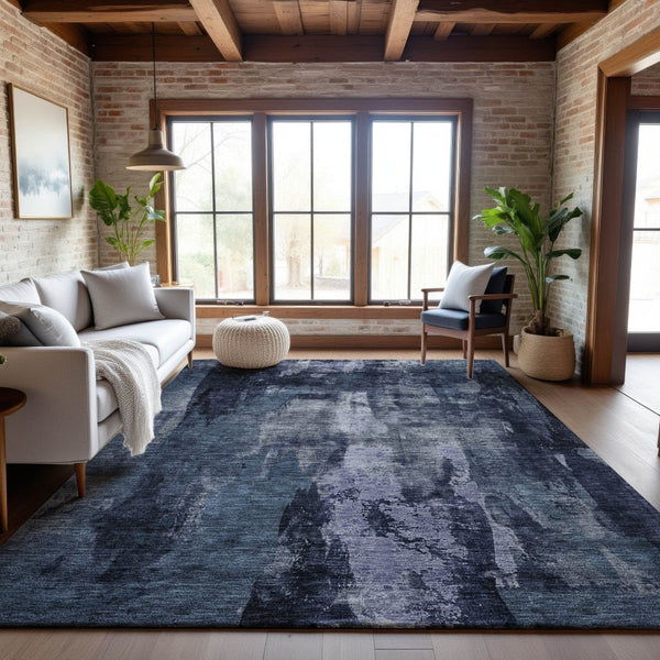 HomeRoots 10' X 14' Navy Blue And Silver Abstract Washable Area Rug – Stain Resistant, UV Protected, Modern Design 683734