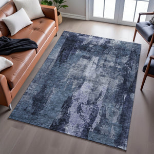 HomeRoots 10' X 14' Navy Blue And Silver Abstract Washable Area Rug – Stain Resistant, UV Protected, Modern Design 683734