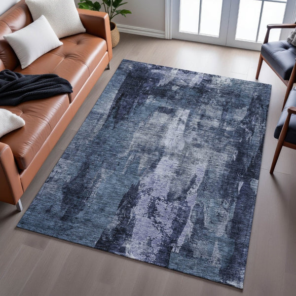 HomeRoots 10' X 14' Navy Blue And Silver Abstract Washable Area Rug – Stain Resistant, UV Protected, Modern Design 683734
