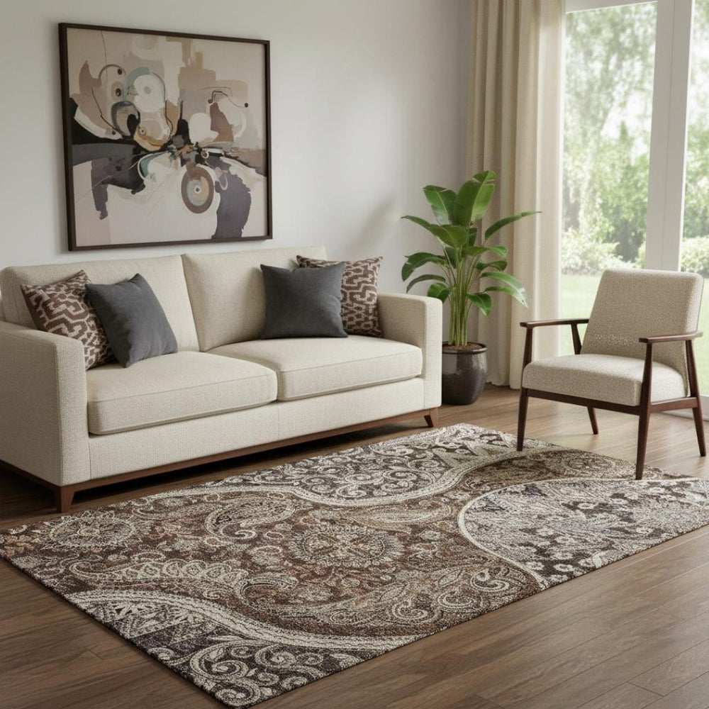 HomeRoots 5' X 8' Washable Paisley Area Rug in Brown, Beige & Taupe - UV Protected for Busy Homes & Pets 683736