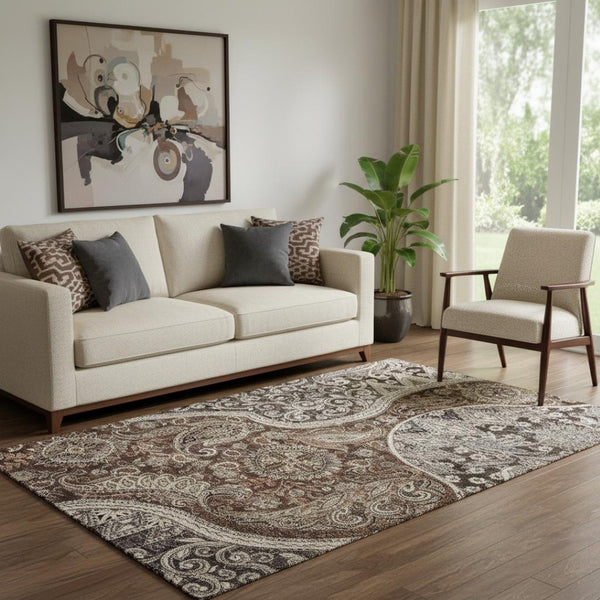 HomeRoots 5' X 8' Washable Paisley Area Rug in Brown, Beige & Taupe - UV Protected for Busy Homes & Pets 683736
