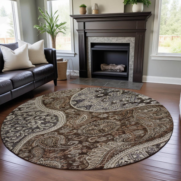 HomeRoots 8' Washable Round Rug in Classic Paisley Design - Durable, Stain Resistant, UV Protected & Stylish! 683737