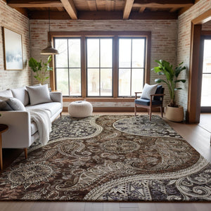 HomeRoots 8' X 10' Washable Paisley Area Rug in Brown, Beige & Taupe - UV Protected, Soft & Durable Design! 683738