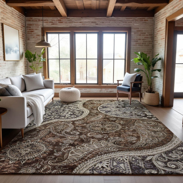 HomeRoots 8' X 10' Washable Paisley Area Rug in Brown, Beige & Taupe - UV Protected, Soft & Durable Design! 683738