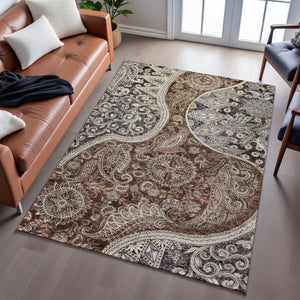 HomeRoots 8' X 10' Washable Paisley Area Rug in Brown, Beige & Taupe - UV Protected, Soft & Durable Design! 683738