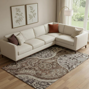HomeRoots 9' X 12' Classic Paisley Washable Area Rug in Brown, Beige & Taupe with UV Protection for Durability 683739