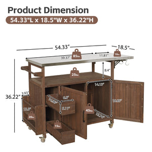 English Elm 54.33" Farmhouse Outdoor Kitchen Cart Solid Fir Frame Steel Top Storage Bbq Prep Brown N767P379702D