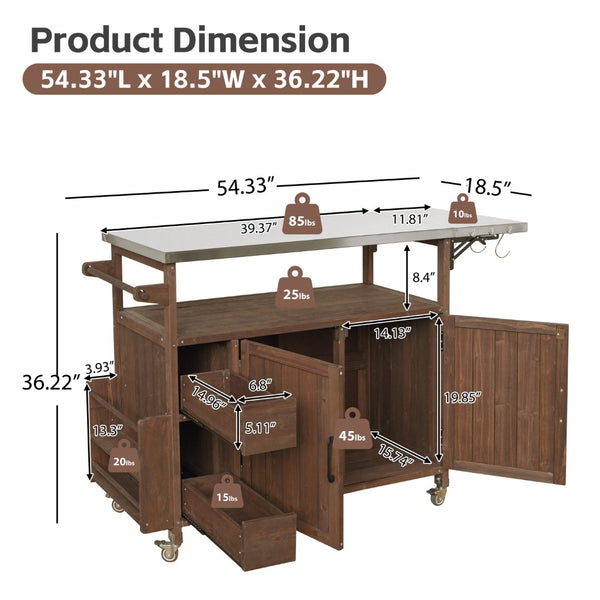 English Elm 54.33" Farmhouse Outdoor Kitchen Cart Solid Fir Frame Steel Top Storage Bbq Prep Brown N767P379702D
