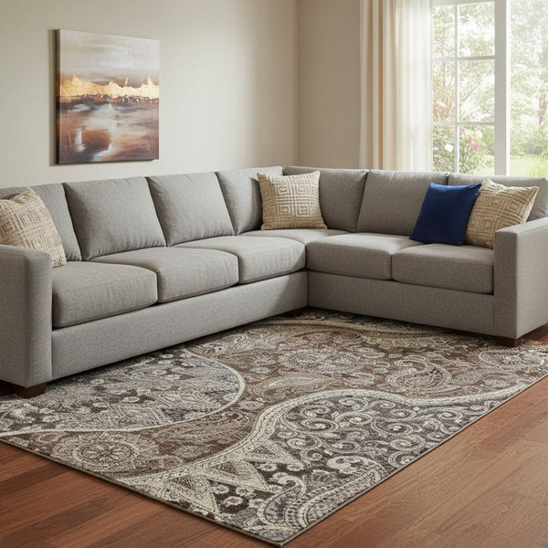 HomeRoots 10' X 14' Washable Paisley Area Rug in Brown, Beige & Taupe - UV Protected, Stain Resistant Design 683740