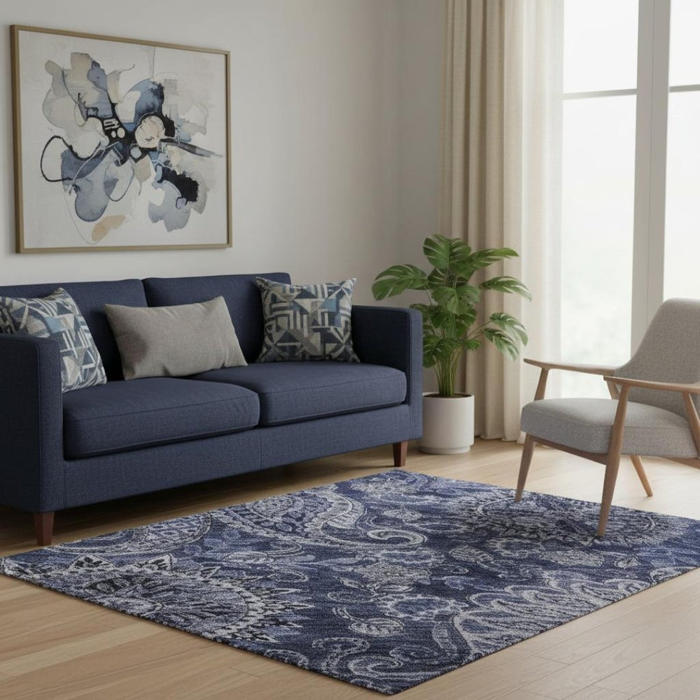 HomeRoots 5' X 8' Washable Navy Blue Charcoal Gray Paisley Area Rug with UV Protection for Everyday Living 683742