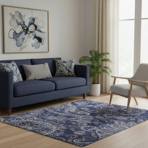 HomeRoots 5' X 8' Washable Navy Blue Charcoal Gray Paisley Area Rug with UV Protection for Everyday Living 683742