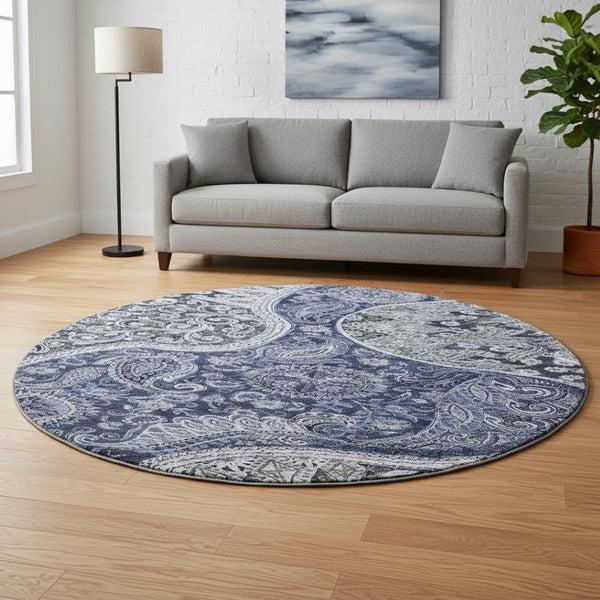 HomeRoots 8' Navy Blue Charcoal Gray Paisley Washable Round Rug with UV Protection for High-Traffic Areas 683743