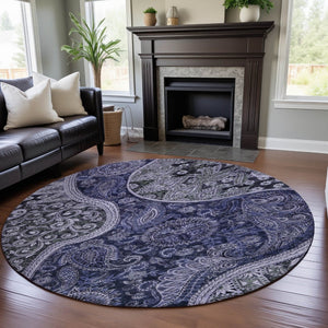 HomeRoots 8' Navy Blue Charcoal Gray Paisley Washable Round Rug with UV Protection for High-Traffic Areas 683743