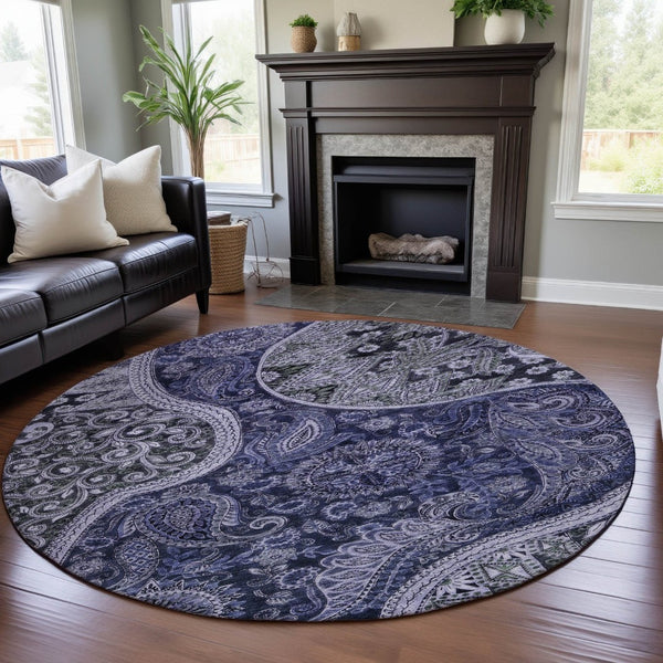HomeRoots 8' Navy Blue Charcoal Gray Paisley Washable Round Rug with UV Protection for High-Traffic Areas 683743