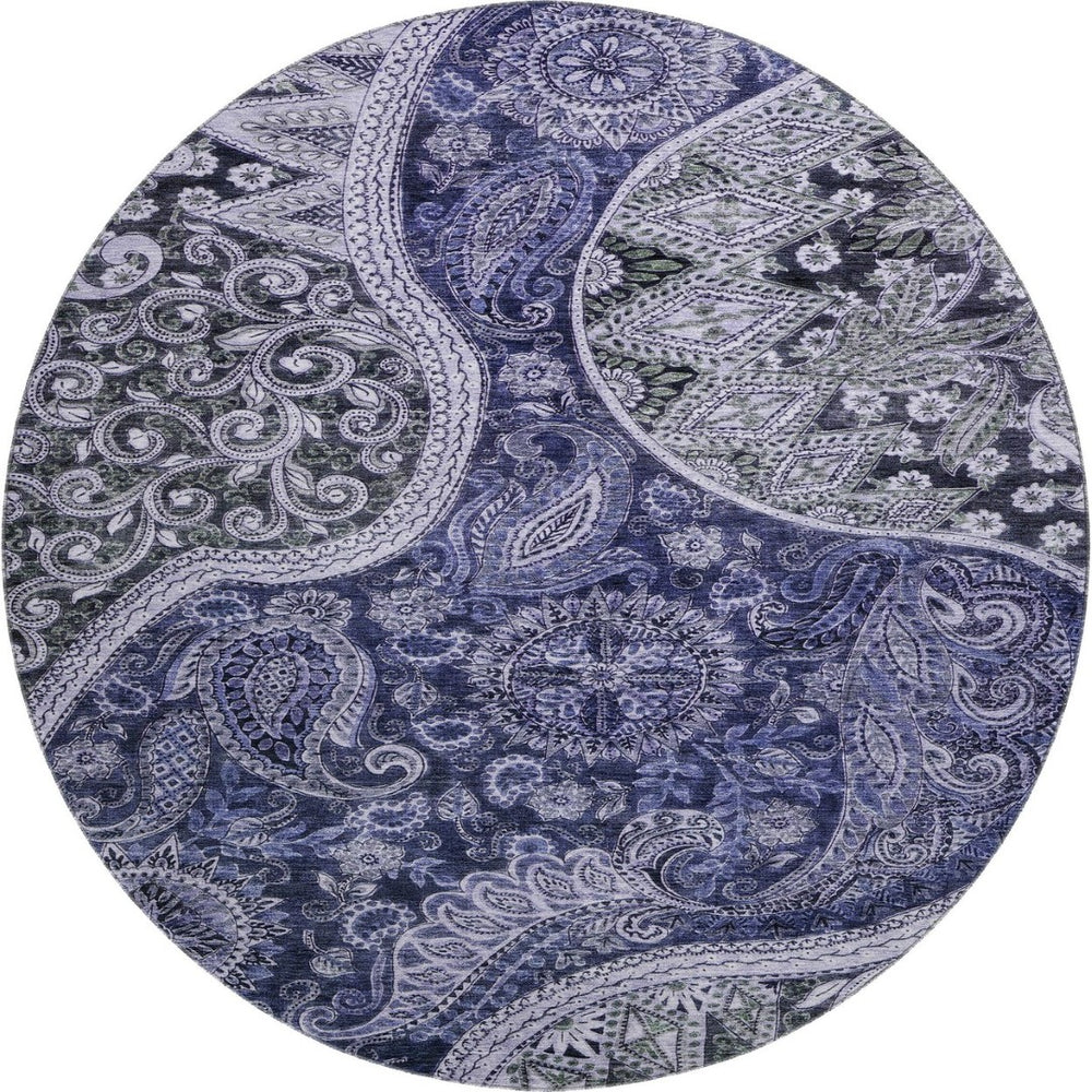 HomeRoots 8' Navy Blue Charcoal Gray Paisley Washable Round Rug with UV Protection for High-Traffic Areas 683743