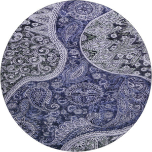 HomeRoots 8' Navy Blue Charcoal Gray Paisley Washable Round Rug with UV Protection for High-Traffic Areas 683743