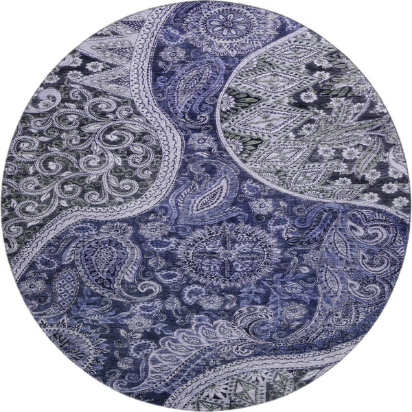 HomeRoots 8' Navy Blue Charcoal Gray Paisley Washable Round Rug with UV Protection for High-Traffic Areas 683743