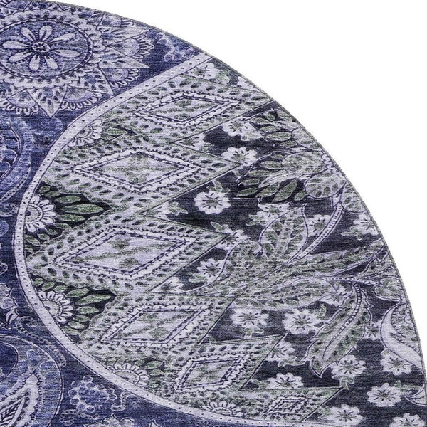 HomeRoots 8' Navy Blue Charcoal Gray Paisley Washable Round Rug with UV Protection for High-Traffic Areas 683743