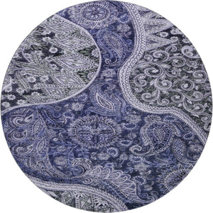 HomeRoots 8' Navy Blue Charcoal Gray Paisley Washable Round Rug with UV Protection for High-Traffic Areas 683743