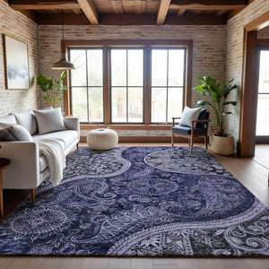HomeRoots 8' X 10' Washable Navy Blue Paisley Area Rug - UV Protected, Stain Resistant, Perfect for Homes 683744