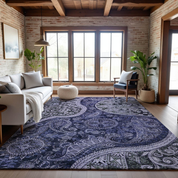HomeRoots 8' X 10' Washable Navy Blue Paisley Area Rug - UV Protected, Stain Resistant, Perfect for Homes 683744