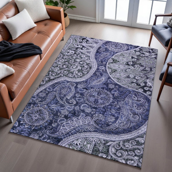 HomeRoots 8' X 10' Washable Navy Blue Paisley Area Rug - UV Protected, Stain Resistant, Perfect for Homes 683744