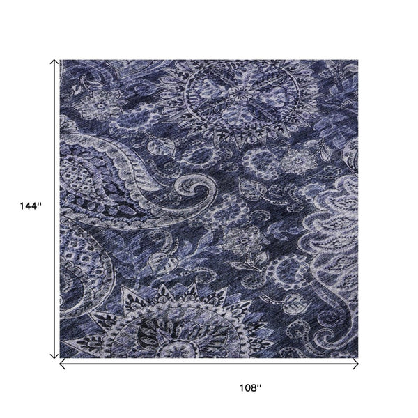 HomeRoots 9' X 12' Navy Charcoal Gray Paisley Washable Area Rug - Stain-Resistant, UV-Protected & Stylish! 683745