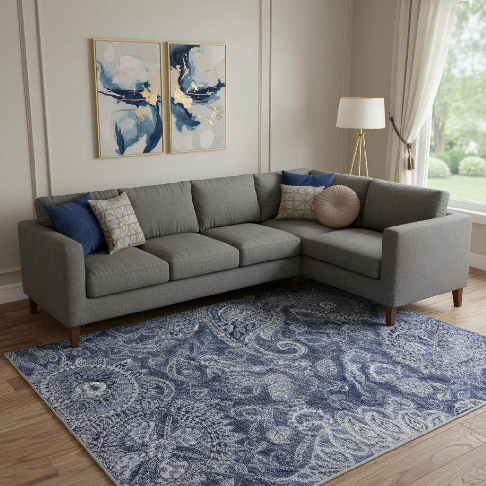 HomeRoots 9' X 12' Navy Charcoal Gray Paisley Washable Area Rug - Stain-Resistant, UV-Protected & Stylish! 683745