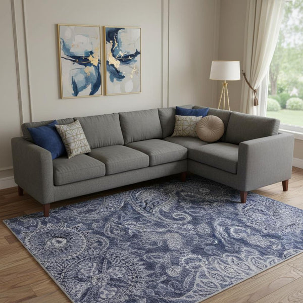 HomeRoots 9' X 12' Navy Charcoal Gray Paisley Washable Area Rug - Stain-Resistant, UV-Protected & Stylish! 683745