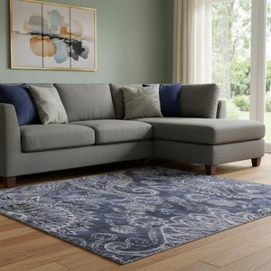 HomeRoots 10' X 14' Navy Blue Charcoal Gray Paisley Area Rug - Durable, Washable, UV Protected & Stylish! 683746