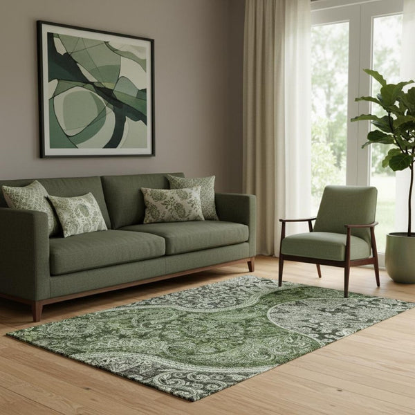 HomeRoots 5' X 8' Washable Paisley Area Rug in Olive Green, Purple & Ivory - Stylish, Stain Resistant & UV Protected 683748