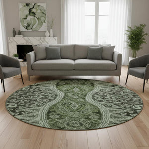 HomeRoots 8' Washable Round Rug in Olive Green, Purple & Ivory Paisley - UV Protected & Stain Resistant Design 683749