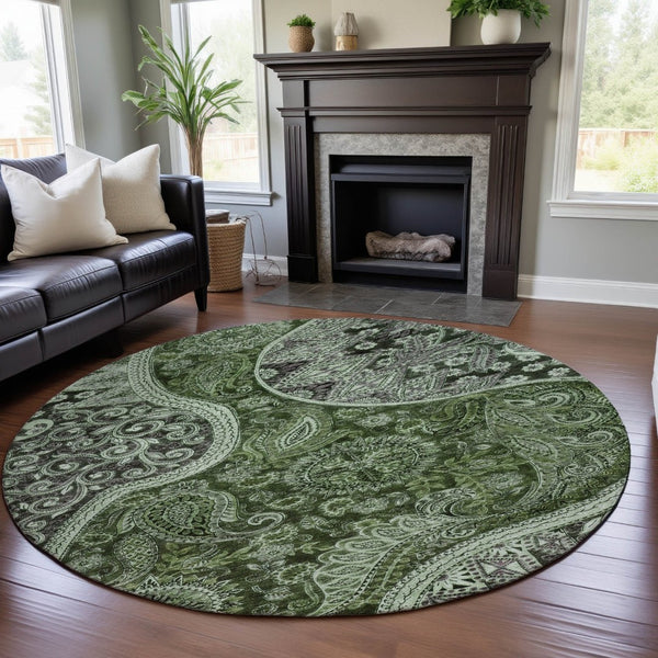 HomeRoots 8' Washable Round Rug in Olive Green, Purple & Ivory Paisley - UV Protected & Stain Resistant Design 683749
