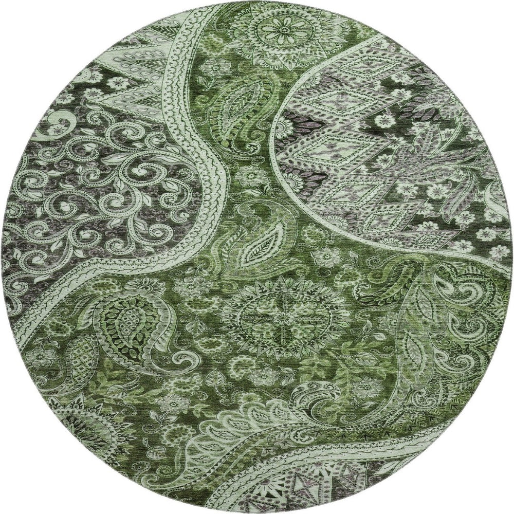HomeRoots 8' Washable Round Rug in Olive Green, Purple & Ivory Paisley - UV Protected & Stain Resistant Design 683749