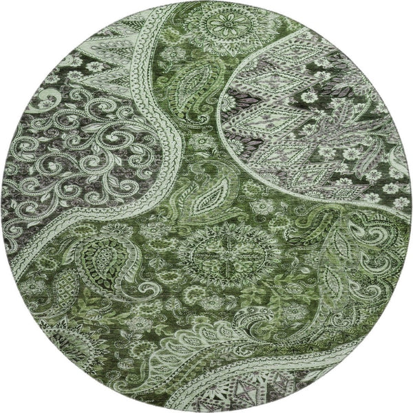 HomeRoots 8' Washable Round Rug in Olive Green, Purple & Ivory Paisley - UV Protected & Stain Resistant Design 683749