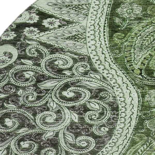 HomeRoots 8' Washable Round Rug in Olive Green, Purple & Ivory Paisley - UV Protected & Stain Resistant Design 683749