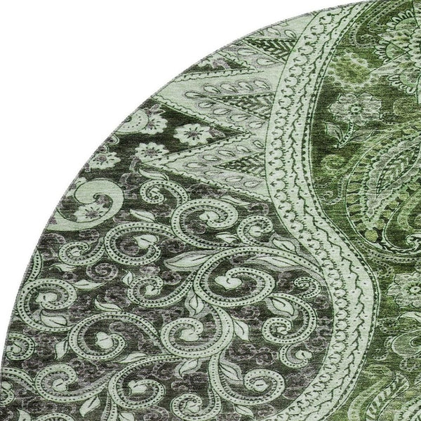 HomeRoots 8' Washable Round Rug in Olive Green, Purple & Ivory Paisley - UV Protected & Stain Resistant Design 683749