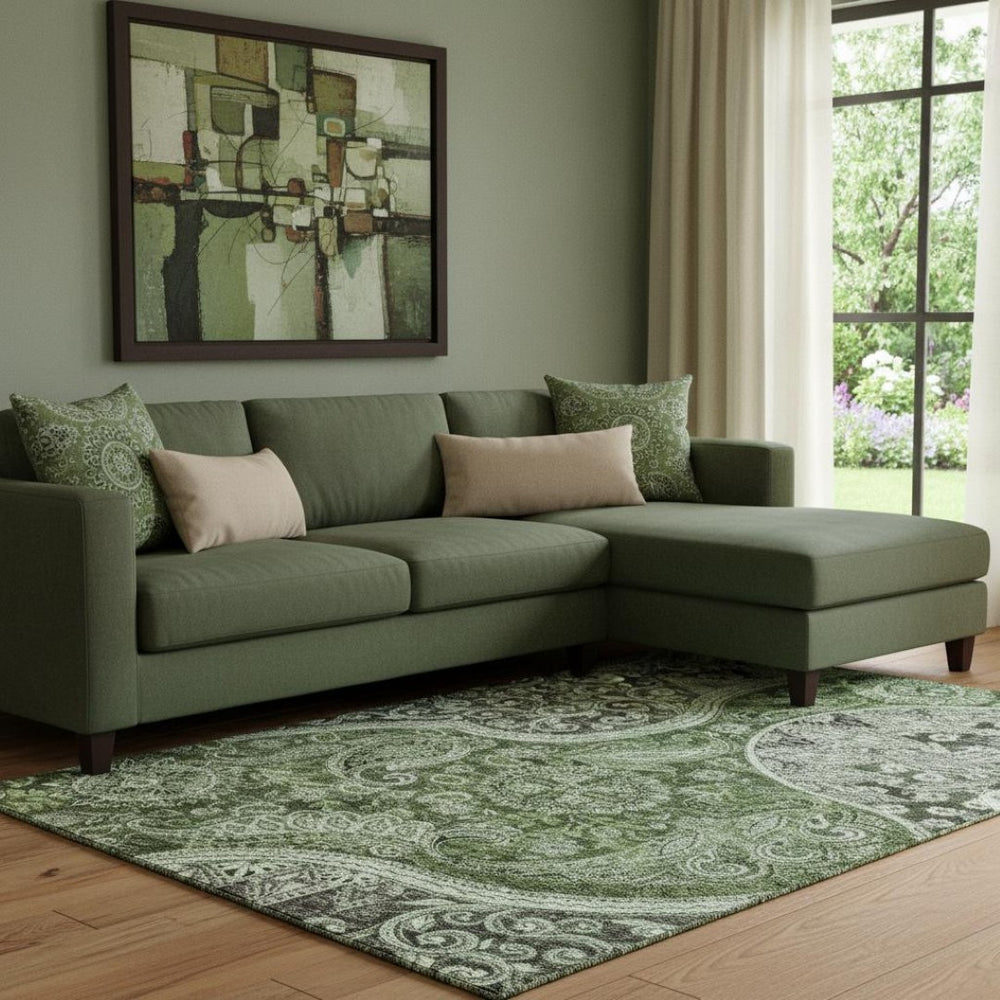 HomeRoots 8' X 10' Olive Green, Purple & Ivory Paisley Washable Area Rug - Stain Resistant & UV Protected Beauty 683750