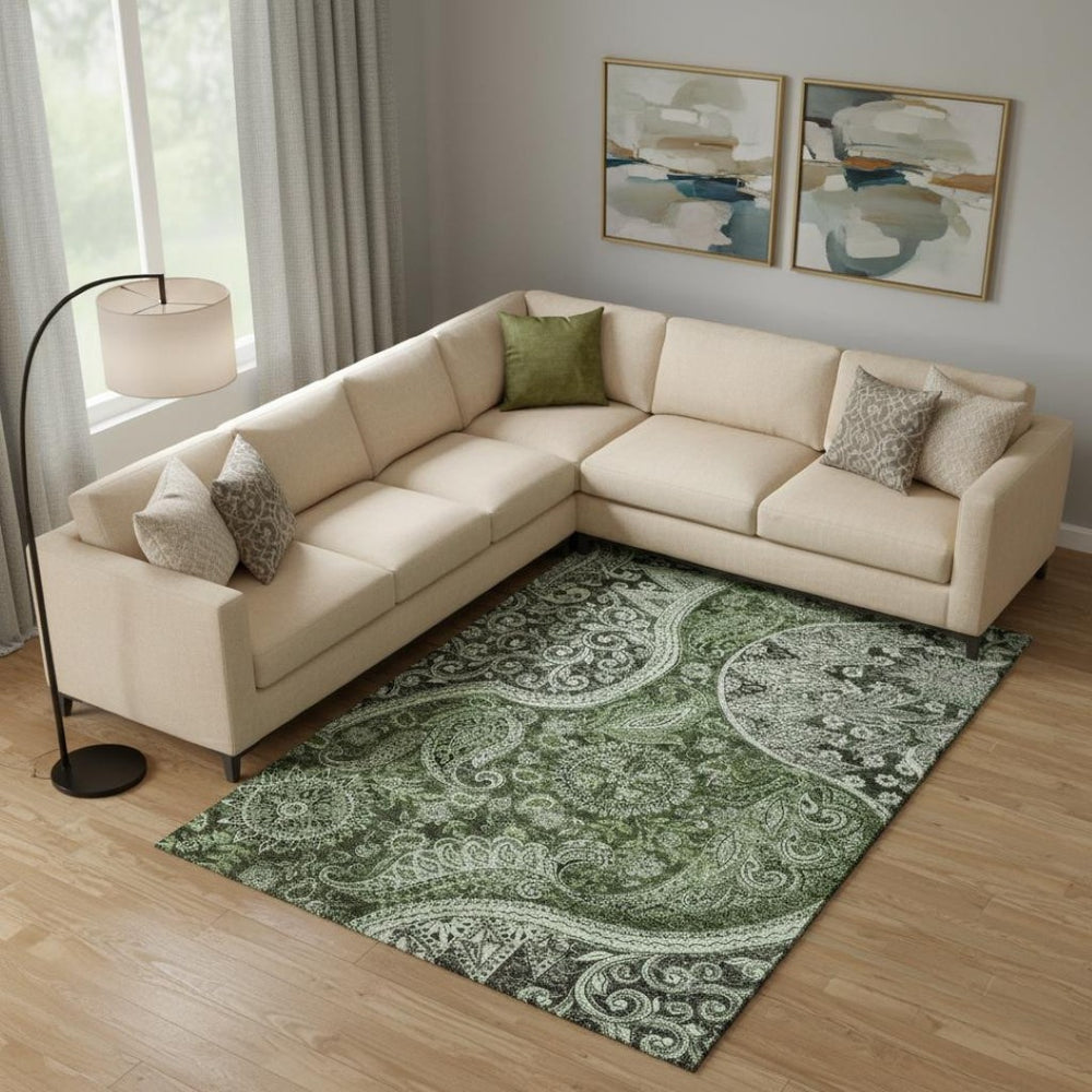 HomeRoots 9' X 12' Elegant Olive Green, Purple & Ivory Paisley Washable Area Rug with UV Protection & Durability 683751
