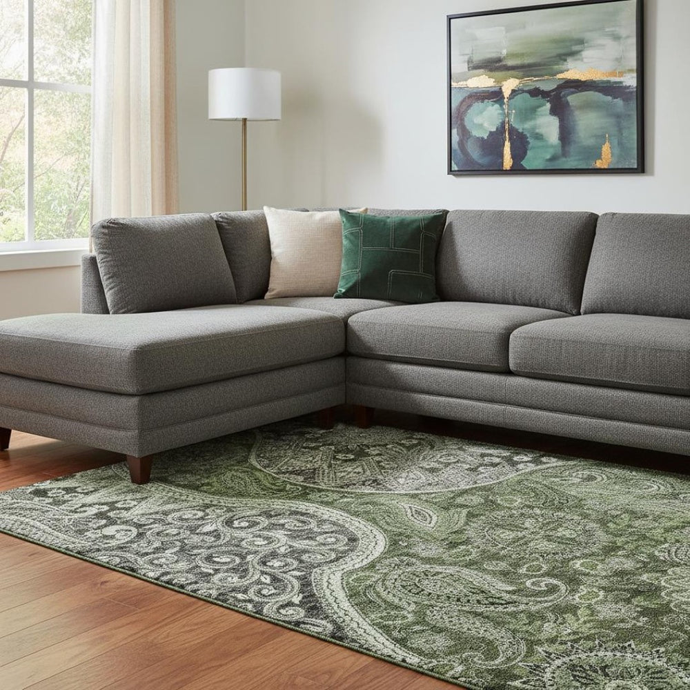 HomeRoots 10' X 14' Elegant Olive Green Paisley Area Rug - Washable, UV-Protected & Perfect for High-Traffic Homes 683752