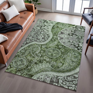 HomeRoots 10' X 14' Elegant Olive Green Paisley Area Rug - Washable, UV-Protected & Perfect for High-Traffic Homes 683752