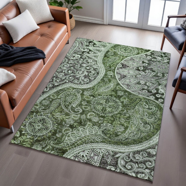 HomeRoots 10' X 14' Elegant Olive Green Paisley Area Rug - Washable, UV-Protected & Perfect for High-Traffic Homes 683752