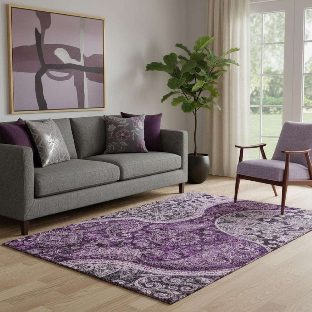 HomeRoots 5' X 8' Washable Paisley Area Rug in Purple & Charcoal - UV Protected, Stain Resistant & Stylish! 683754