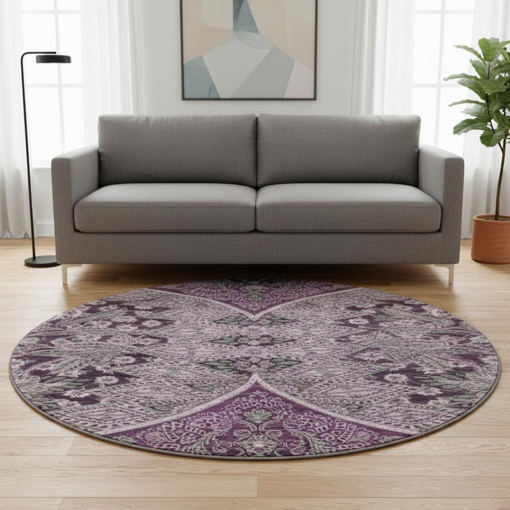 HomeRoots 8' Purple and Charcoal Paisley Washable Round Rug with UV Protection for Stylish Homes and Patios 683755