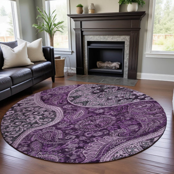 HomeRoots 8' Purple and Charcoal Paisley Washable Round Rug with UV Protection for Stylish Homes and Patios 683755