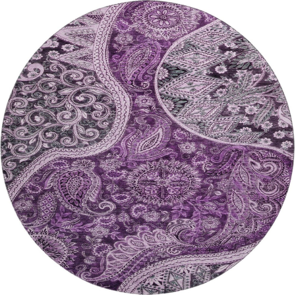 HomeRoots 8' Purple and Charcoal Paisley Washable Round Rug with UV Protection for Stylish Homes and Patios 683755