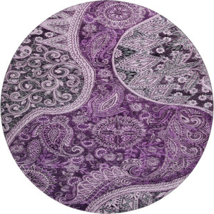 HomeRoots 8' Purple and Charcoal Paisley Washable Round Rug with UV Protection for Stylish Homes and Patios 683755