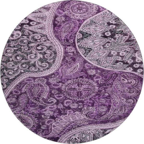 HomeRoots 8' Purple and Charcoal Paisley Washable Round Rug with UV Protection for Stylish Homes and Patios 683755